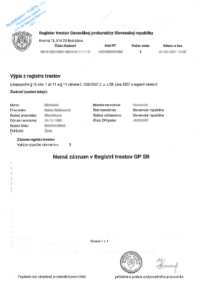 Справка о несудимости из Словакии + апостиль, перевод